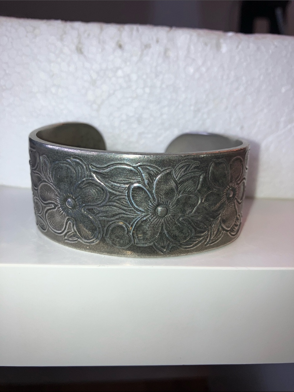 Floral Engraved Vintage Salisbury Pewter Cuff Bracelet